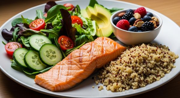 Bữa ăn gồm ức gà, bông cải xanh, hạt quinoa, phù hợp cho người giảm cân