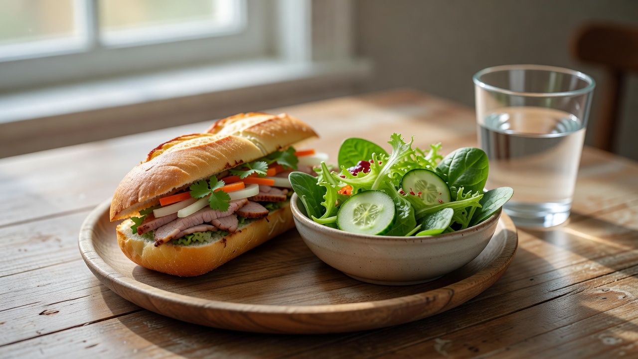 Bữa sáng bánh mì cân đối với rau và nước - cách ăn bánh mì không tăng cân