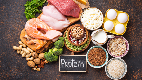 Thực phẩm giàu protein như cá hồi, thịt, trứng, đậu và hạt