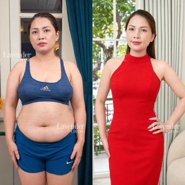 Ảnh ghép hai khung hình phụ nữ mặc trang phục thể thao màu xanh và váy đỏ, có logo Lavender By Chang.